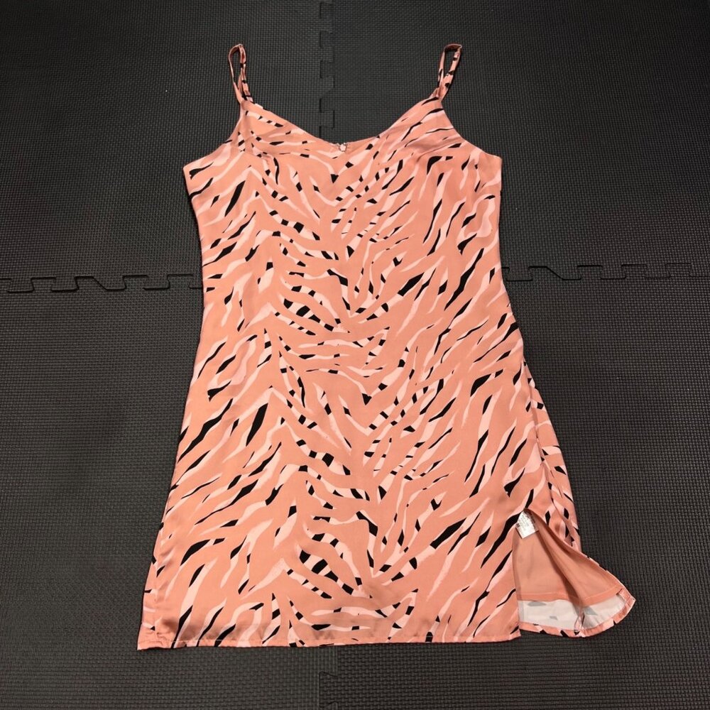 Pink & Black Animal Print Mini Dress With Spaghetti Straps & Side Slit By Storia